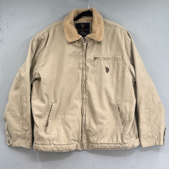 US Polo Assn Coat Men XL Canvas Sherpa Lined Bomber Jacket Barn Chore Tan Field - Picture 1 of 13